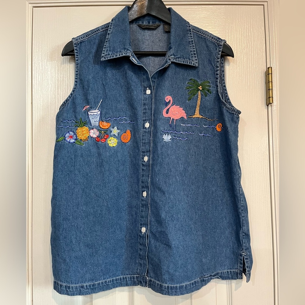 Retro Denim Embroidered Beaded Beach Party Sleeveless shirt Women's Large